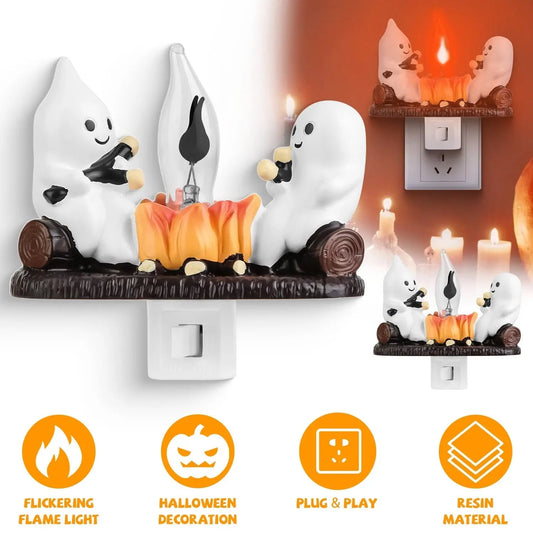 2Pcs Ghost Campfire Flickering Flame Night Light Indoor 3D Funny Halloween Nightlight Decoration Bedroom Night Light Halloween Decoration Gift For Friend Family - www.Shopthatapp.com