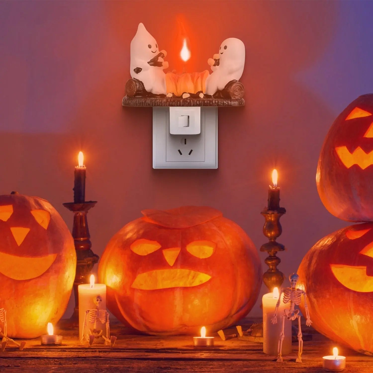 2Pcs Ghost Campfire Flickering Flame Night Light Indoor 3D Funny Halloween Nightlight Decoration Bedroom Night Light Halloween Decoration Gift For Friend Family - www.Shopthatapp.com