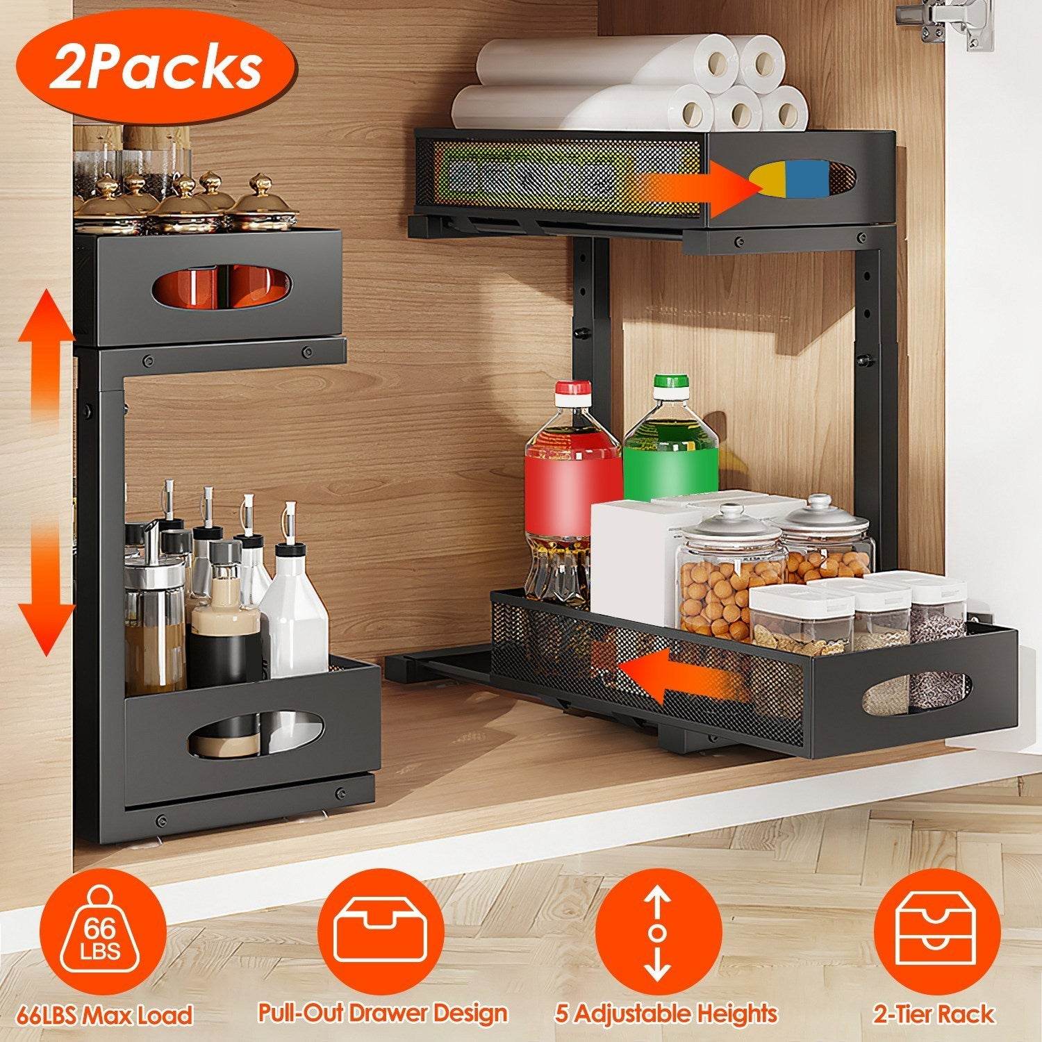 2Pcs Under Sink Organizer 2 Tier Pull Out Cabinet Baskets Storage Shelf Sliding Storage Drawers Rack With 5 Adjustable Height Mesh Baskets For Home Kitchen Bathroom Office - www.Shopthatapp.com #