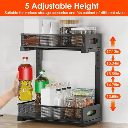 2Pcs Under Sink Organizer 2 Tier Pull Out Cabinet Baskets Storage Shelf Sliding Storage Drawers Rack With 5 Adjustable Height Mesh Baskets For Home Kitchen Bathroom Office - www.Shopthatapp.com #