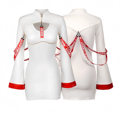 Anime Style Black and White Witch Spandex PU Leather Short Dress with Bust Zipper - www.Shopthatapp.com