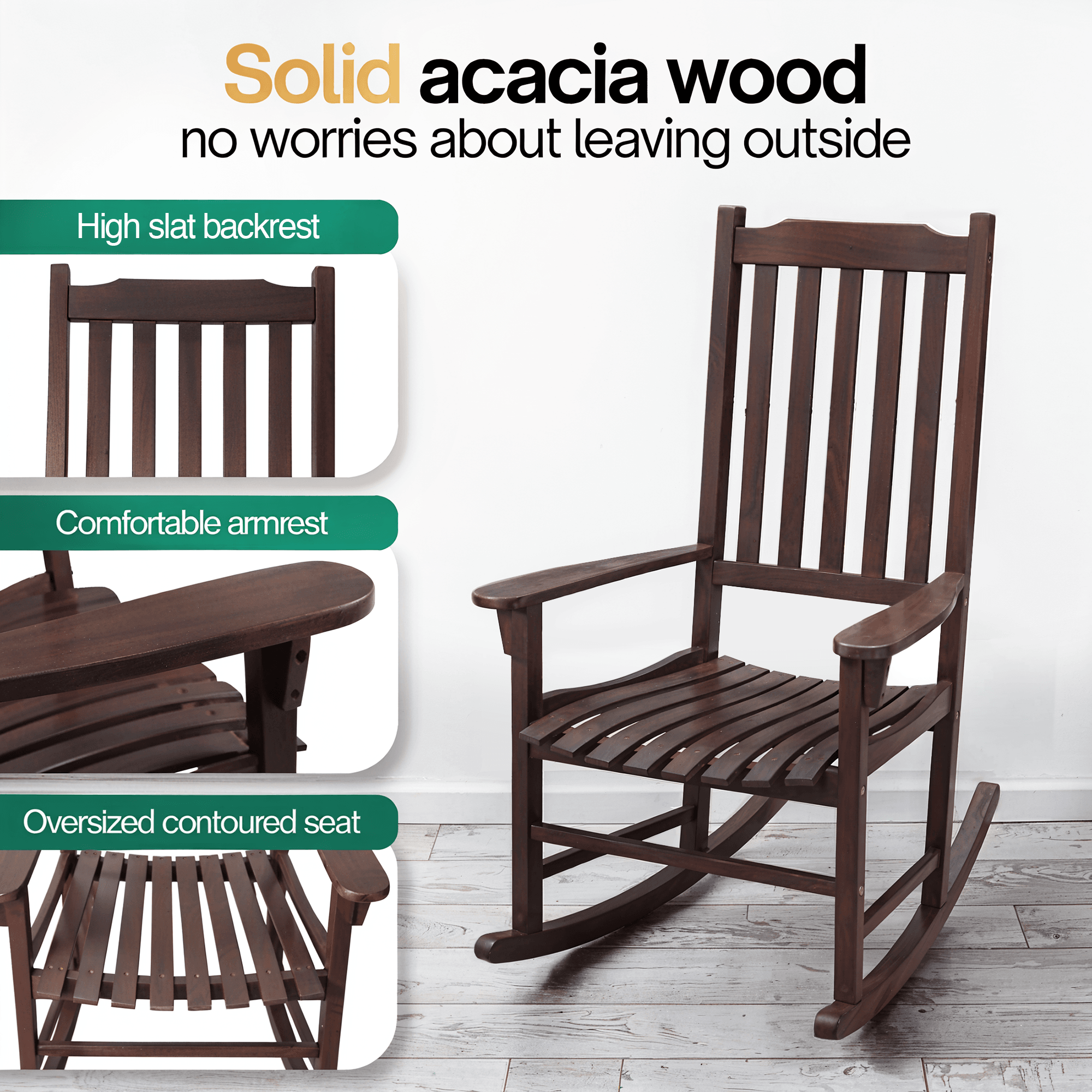 Tranquillo Oasis Wooden Rocking Chair for Patio, Porch, or Indoor Use - www.Shopthatapp.com