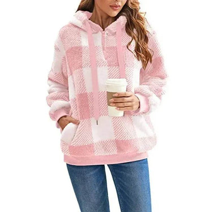 Casual Thick Fleece Plush half zip Plaid Hoodie Pullover top for women - www.Shopthatapp.com