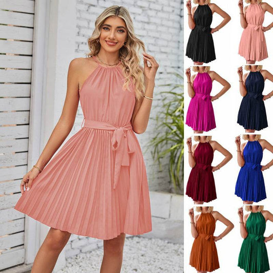 Halter Strapless Dresses For Women Solid Pleated Skirt Summer Beach Sundress - www.Shopthatapp.com