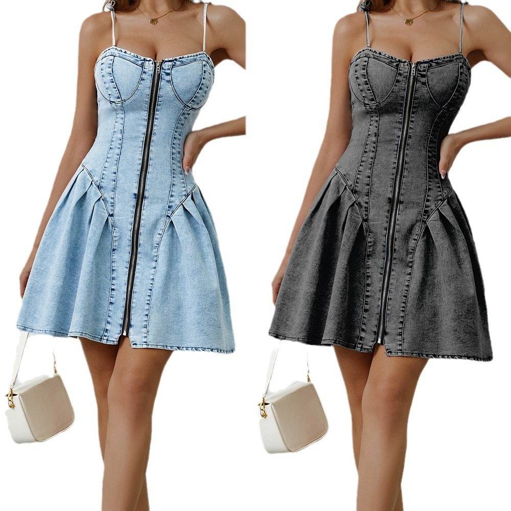 Chic Personality Street Splicing Sling Denim Mini Dress - www.Shopthatapp.com