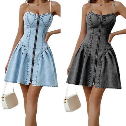 Chic Personality Street Splicing Sling Denim Mini Dress - www.Shopthatapp.com