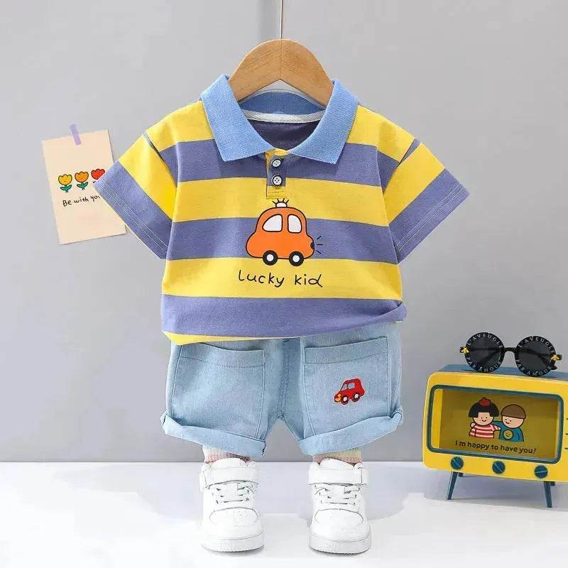 Boys' Summer Short Sleeve Korean Style Lapel Polo Shirt and Short Pant Two piece for boys - www.Shopthatapp.com