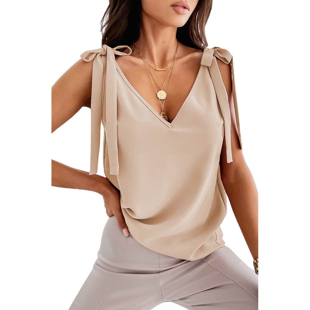 Bowknot Tie Up V-neck top Women Summer Sleeveless Blouse Tops - www.Shopthatapp.com