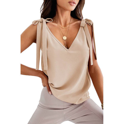 Bowknot Tie Up V-neck top Women Summer Sleeveless Blouse Tops - www.Shopthatapp.com
