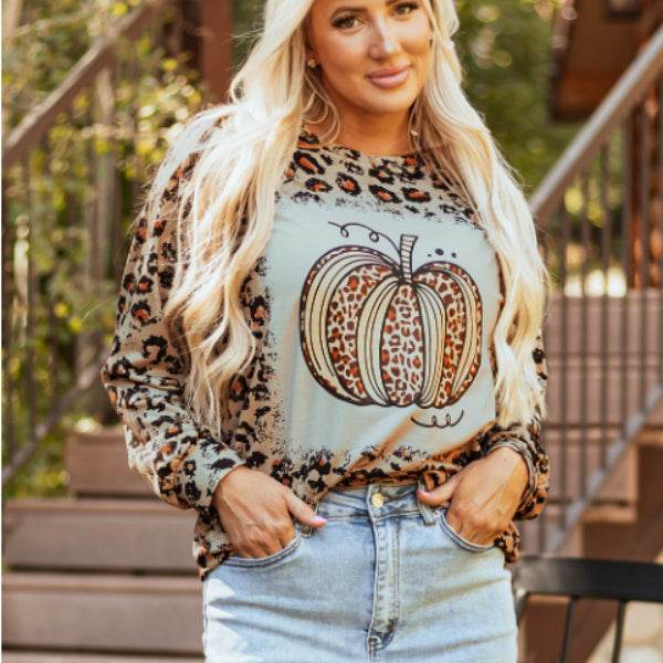 Brown Bleached Halloween Pumpkin Leopard Print Sweatshirt - www.Shopthatapp.com