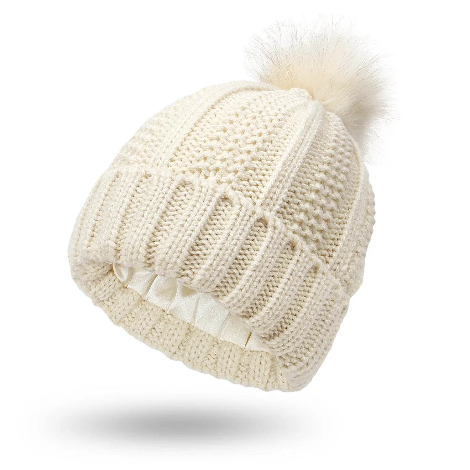Stretchy Satin Lined Skull Knit  Faux Fur Pom Pom Beanie Hat - www.Shopthatapp.com