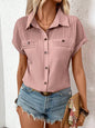 Lapel Shoulder Pleated Pocket Short Sleeve Top Shirt T-shirt Women - www.Shopthatapp.com