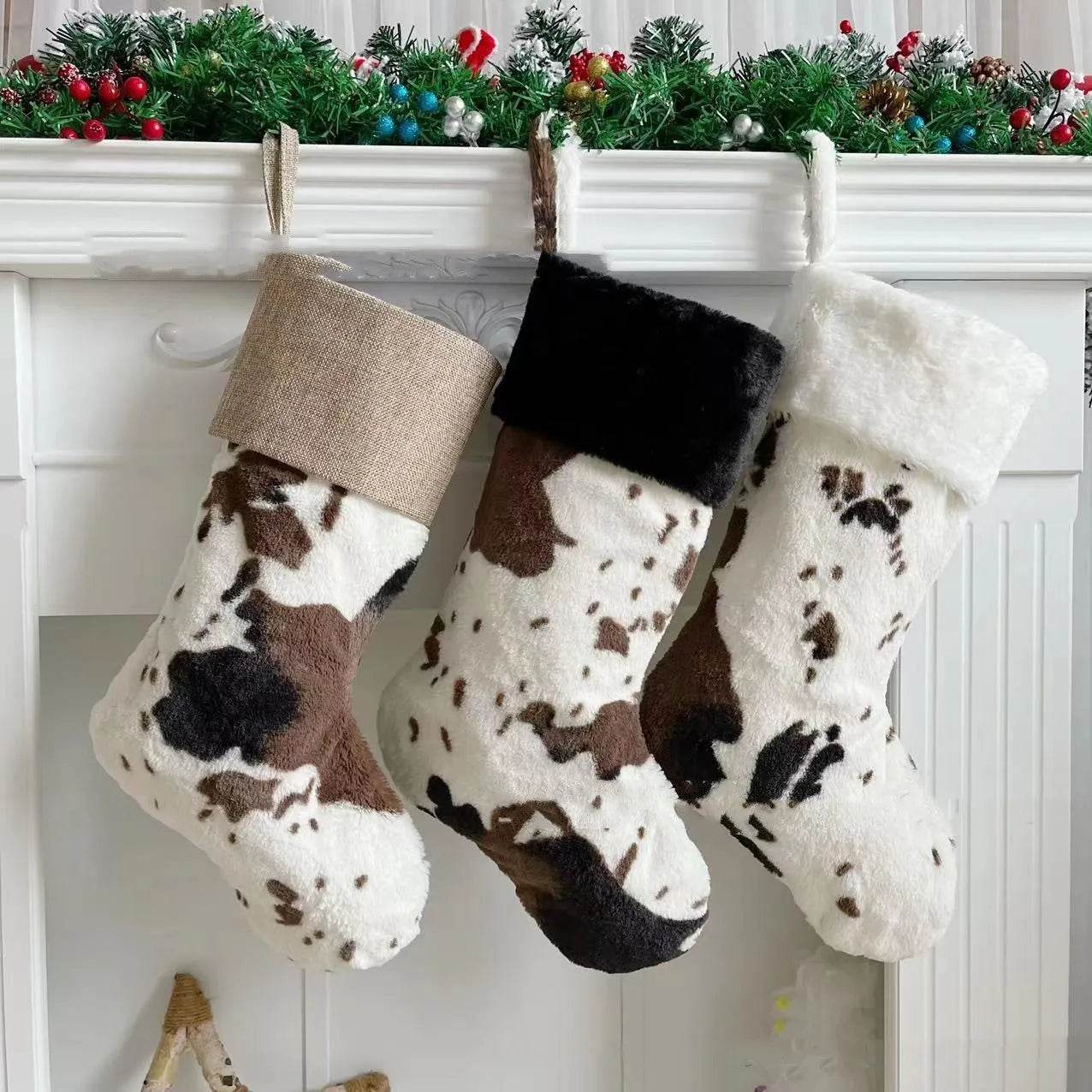 20-inch Plush Christmas Stockings Cows Pattern Gift Bag - www.Shopthatapp.com