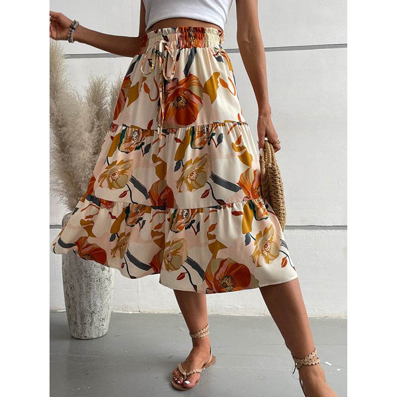 Women's Floral Tiered Midi Skirt Elastic Waist Dressy Casual A-line Flowy Boho Skirts - www.Shopthatapp.com