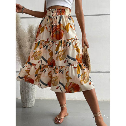 Women's Floral Tiered Midi Skirt Elastic Waist Dressy Casual A-line Flowy Boho Skirts - www.Shopthatapp.com
