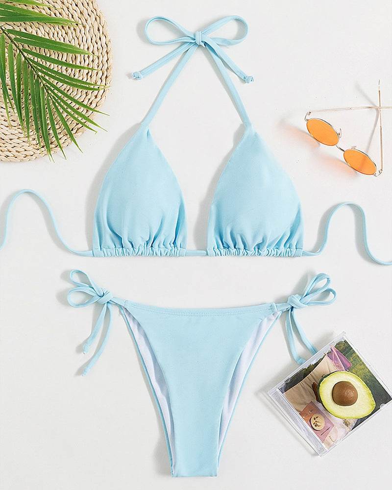 Pure Color Tied Halter Bikini Swimsuit - www.Shopthatapp.com