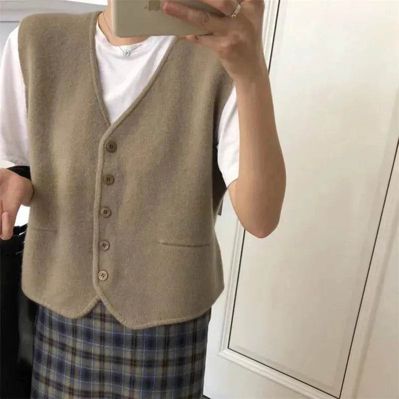 Women Sleeveless V-neck Button Down Knitted Vest Cardigan - www.Shopthatapp.com