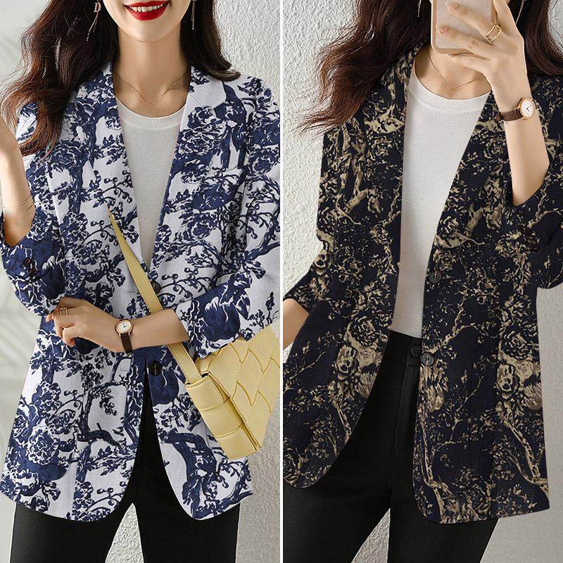 Women's Button Printed Long-sleeved Pocket Vintage Cotton And Linen jacket Blazer - www.Shopthatapp.com