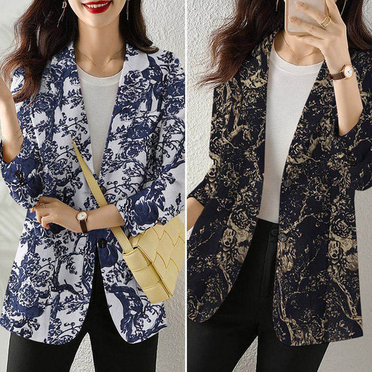 Women's Button Printed Long-sleeved Pocket Vintage Cotton And Linen jacket Blazer - www.Shopthatapp.com