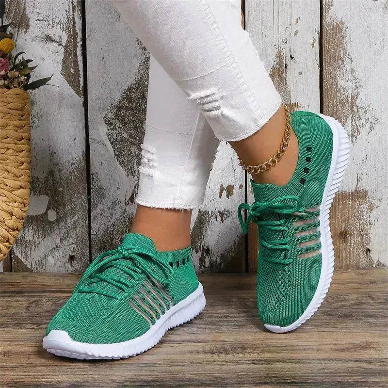 Casual Lace-up Mesh Sneakers Breathable Flying Woven Round Toe Walking Running Sports Shoes for Women - www.Shopthatapp.com