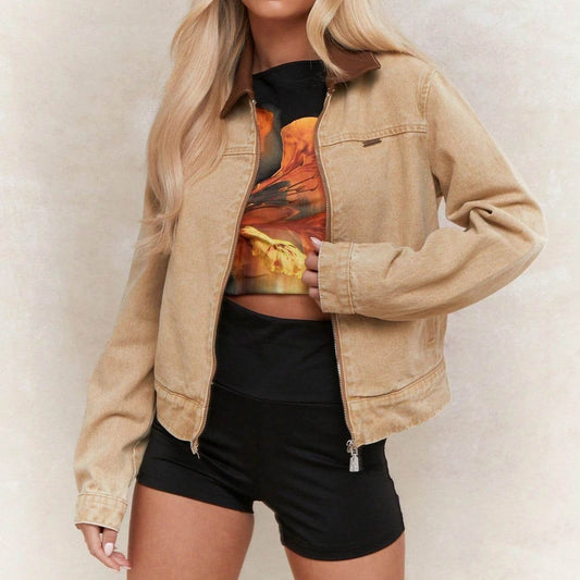 Apricot Collar Zipper Denim Jacket For Women - www.Shopthatapp.com