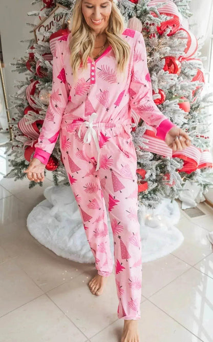 Christmas Pajamas Suit Christmas Tree Printed Long Sleeve Button Two-piece Set - www.Shopthatapp.com