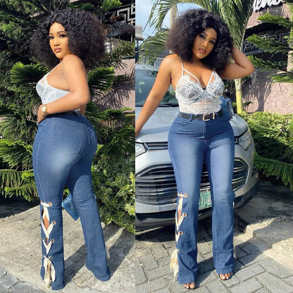 Solid Color Jeans Lace Up Bootcut Trousers - www.Shopthatapp.com