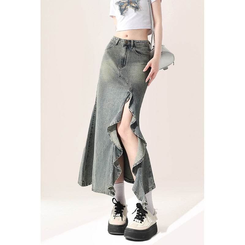 Irregular Half-length Split Denim long Skirt - www.Shopthatapp.com