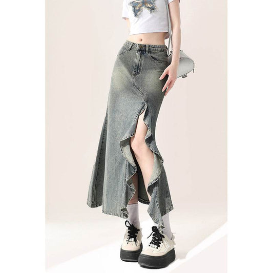 Irregular Half-length Split Denim long Skirt - www.Shopthatapp.com