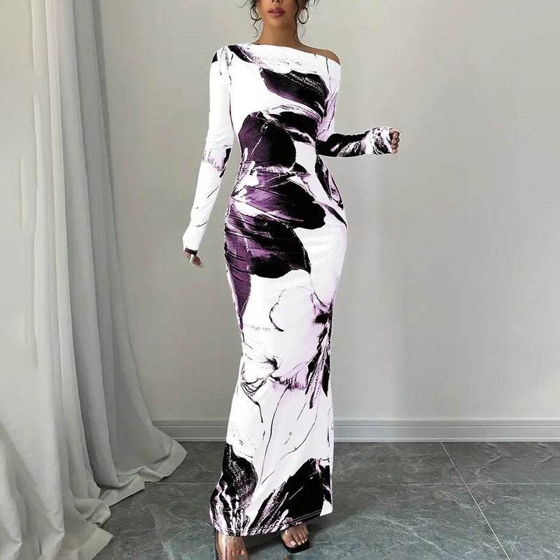 Elegant Long Sleeve Off-Shoulder Tie-Dye Floral Bodycon Dress Stretchy Season Party & Casual Dress - www.Shopthatapp.com