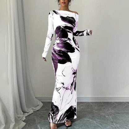 Elegant Long Sleeve Off-Shoulder Tie-Dye Floral Bodycon Dress Stretchy Season Party & Casual Dress - www.Shopthatapp.com