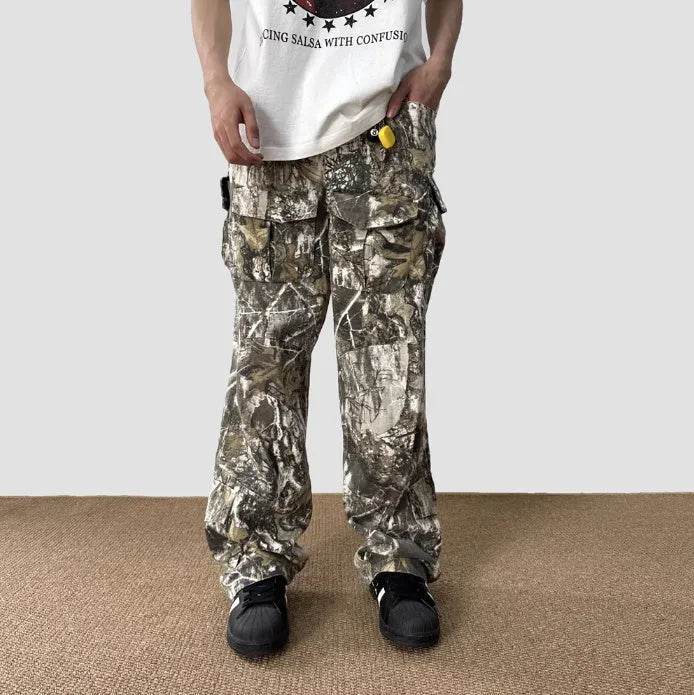 Loose Straight Tree Worn Looking Washed-out Camouflage Printed Cargo pant Men - www.Shopthatapp.com