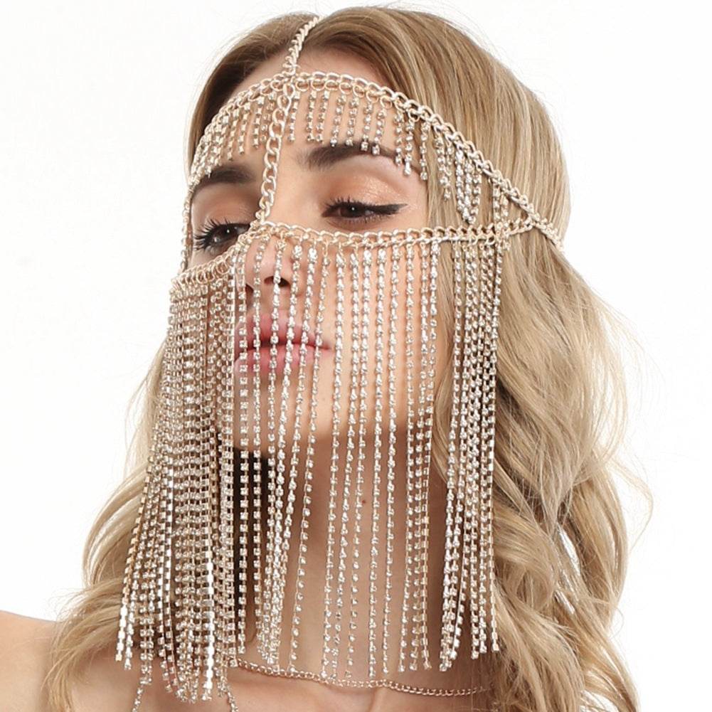 Punk Rhinestone Tassel Fringed Face Mask Head Chains - www.Shopthatapp.com