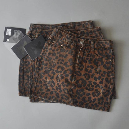 Leopard Print Mini Denim Skirt Women's High Waist Pencil Skirt - www.Shopthatapp.com