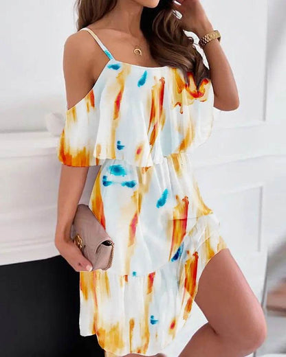 Flower Printed Ruffled Suspender Dress Summer Off-the-shoulder Strap Dresses Women - www.Shopthatapp.com