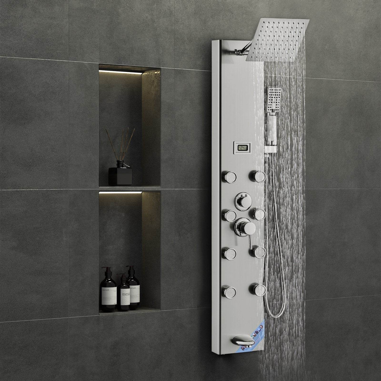 Shower Panel System, 5 Shower Modes, Digital Display Shower Panel Tower, Rainfall, 8 Massage Jets, Tub Spout, 3-Setting Handheld Shower Head 59 Hose, Stainless Steel Wall-Mounted Shower Set - www.Shopthatapp.com