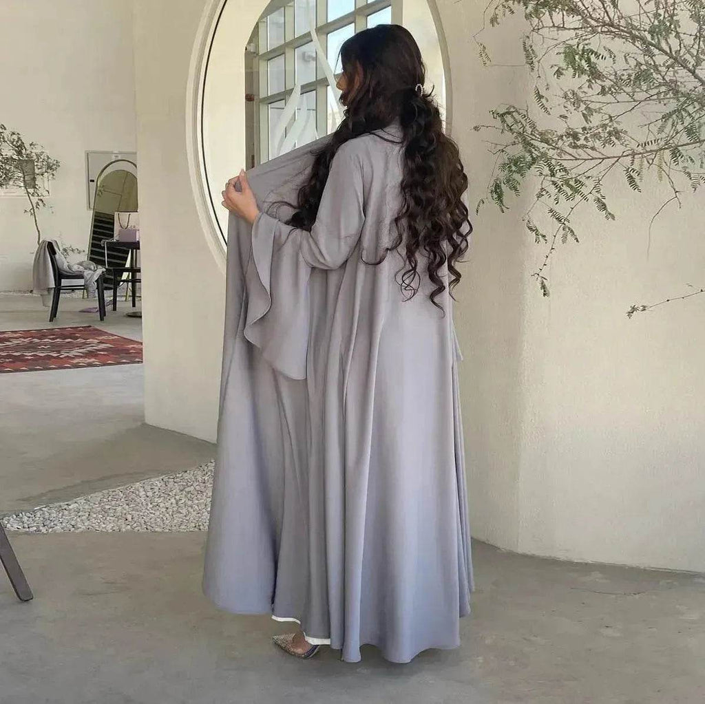 Abaya two piece set Elegant Satin  Plain Color Abaya Kimono Open front Abaya Dubai Abaya wear for Middle East Women - www.Shopthatapp.com