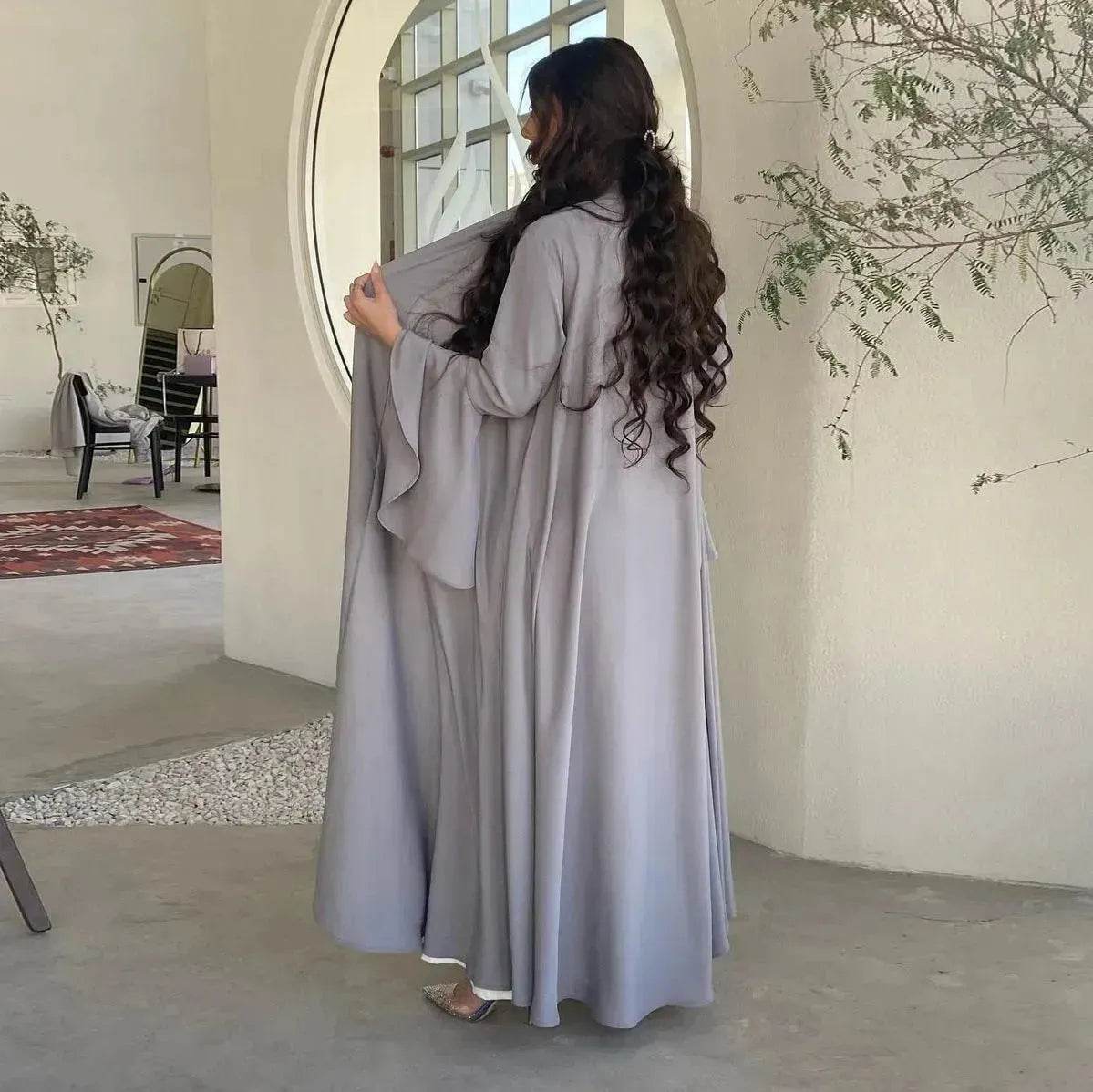 Abaya two piece set Elegant Satin  Plain Color Abaya Kimono Open front Abaya Dubai Abaya wear for Middle East Women - www.Shopthatapp.com