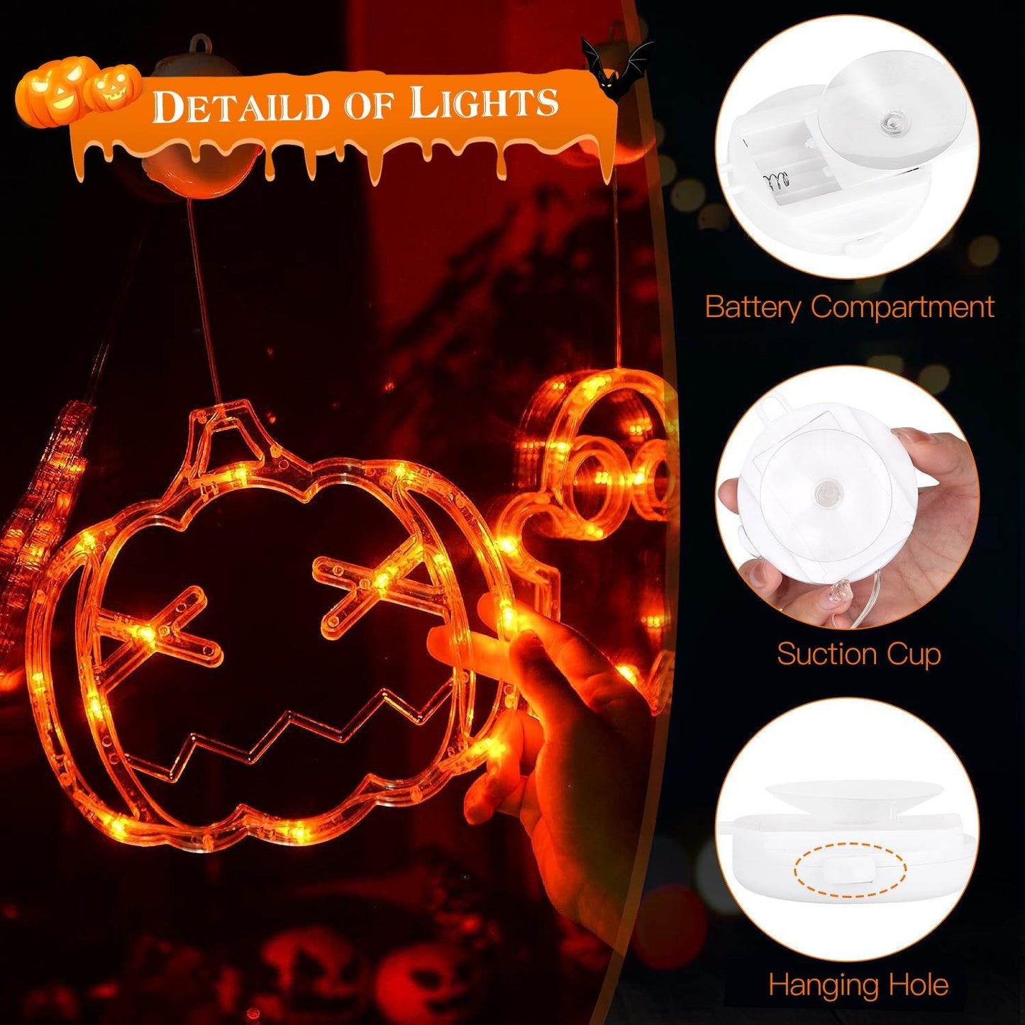 Set Of 3 Pack Halloween Window Light Spider Witch Hat Pumpkin With Orange Light Hanging Halloween Decoration Light With Suction Cup Hanging Holes - www.Shopthatapp.com