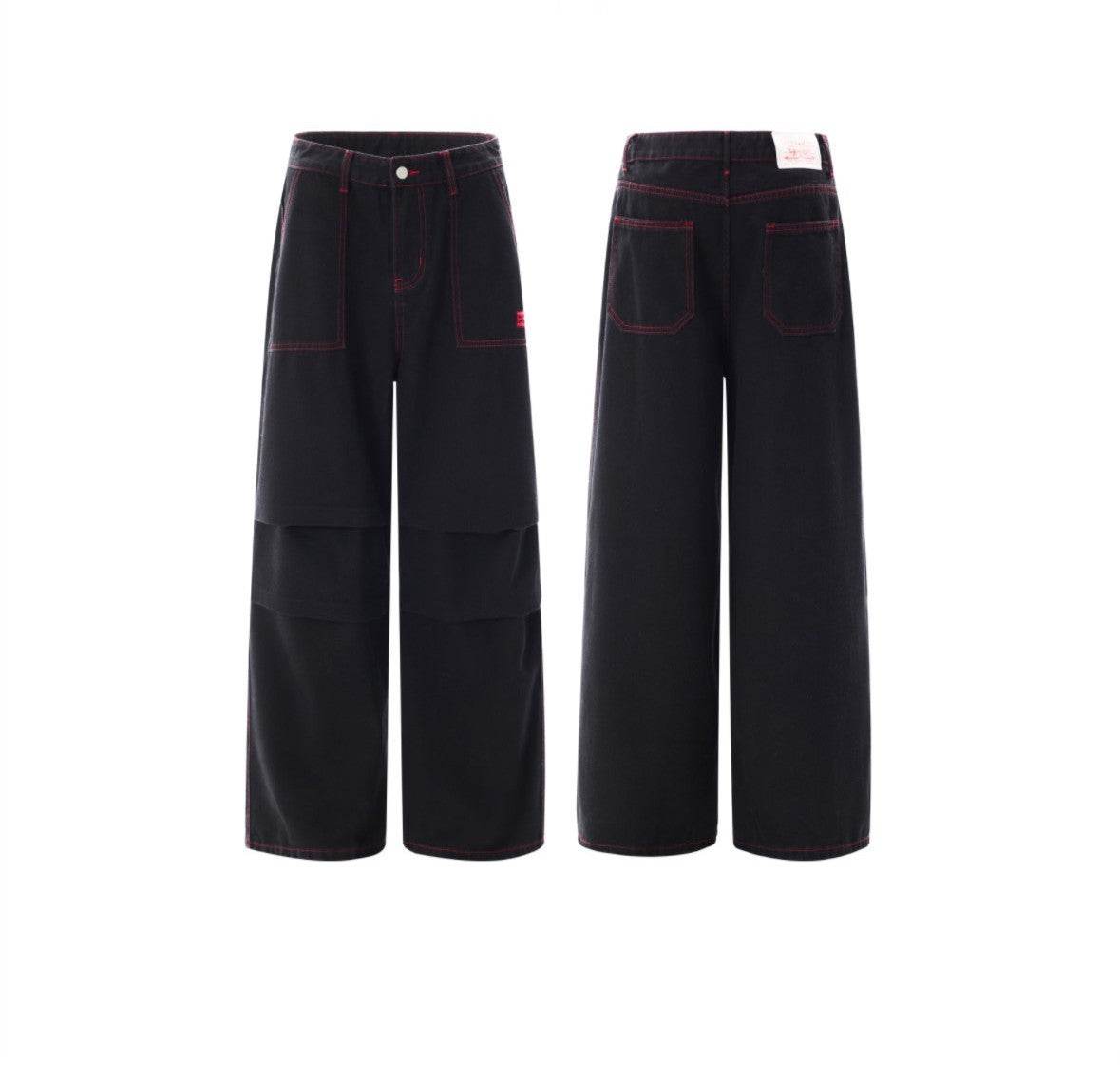 Contrasting Color Of Black And Red Workwear With Pocket Trousers - www.Shopthatapp.com