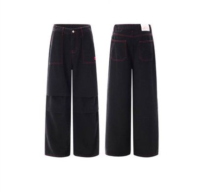 Contrasting Color Of Black And Red Workwear With Pocket Trousers - www.Shopthatapp.com