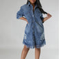Women's Fashion 3/4 sleeve Mid Length loose Denim Jeans Dress - www.Shopthatapp.com