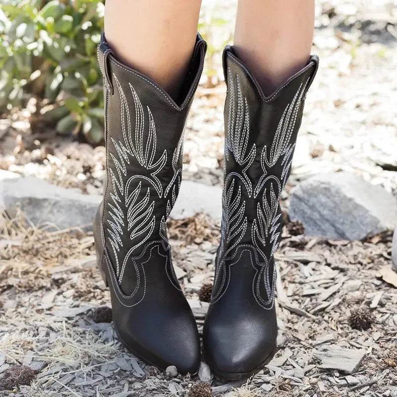 Black Western Cowboy Boots Pointed Toe Shoes Women - www.Shopthatapp.com