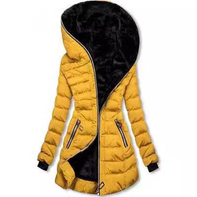 Hooded Warm Fleece Padded Jacket Mid-length Jacket Black Padded Jacket - www.Shopthatapp.com