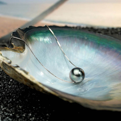 Natural Perfect Circle Strong Light Tahitian Black Pearl Pendant S925 Silver Necklace - www.Shopthatapp.com