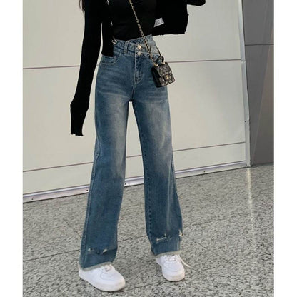 Women High waist Washed Blue Jeans Pant Wide Leg Denim Pant - www.Shopthatapp.com