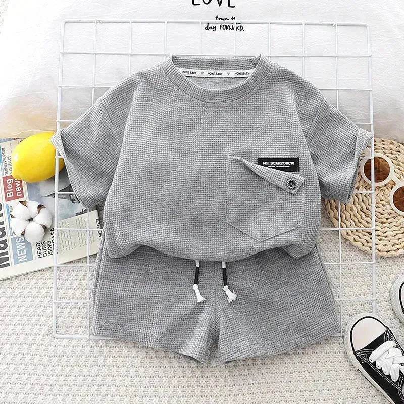 Children's Summer Clothing Casual Plain color Cotton Short Sleeve shirt and Short pant Two-piece Set - www.Shopthatapp.com