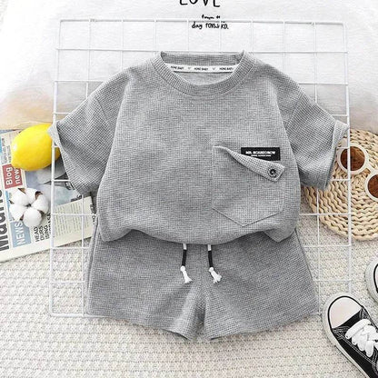 Children's Summer Clothing Casual Plain color Cotton Short Sleeve shirt and Short pant Two-piece Set - www.Shopthatapp.com