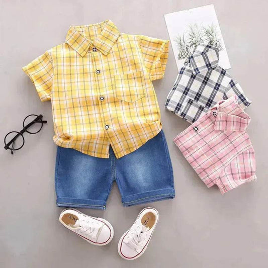 Children's Striped Shirt Denim Shorts Two-piece Set - www.Shopthatapp.com