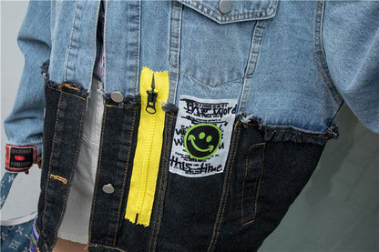 Denim Loose Jacket Women Stylish Graffiti Patch Design - www.Shopthatapp.com